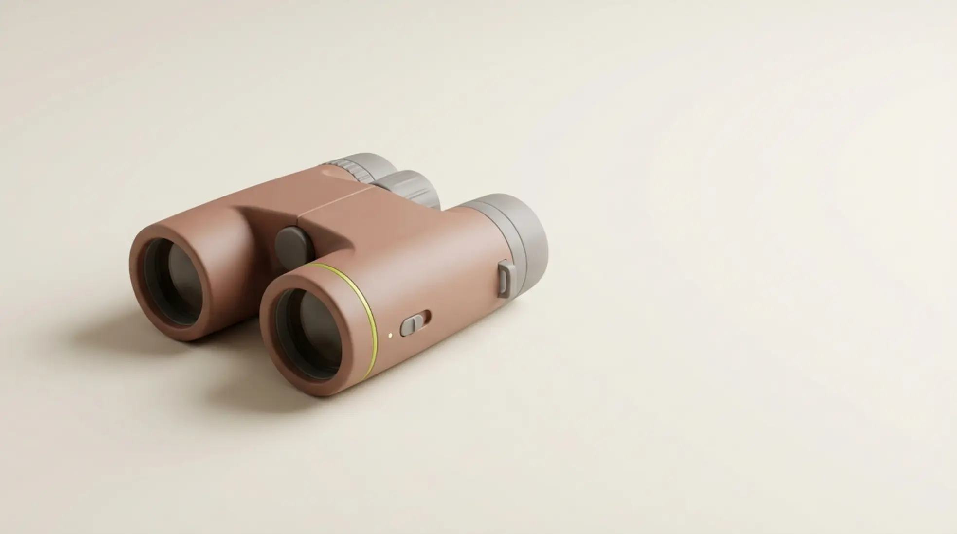 3D render van matte verrekijker met groen accent en kleine filterknop op lichte achtergrond met veel lege ruimte rechts