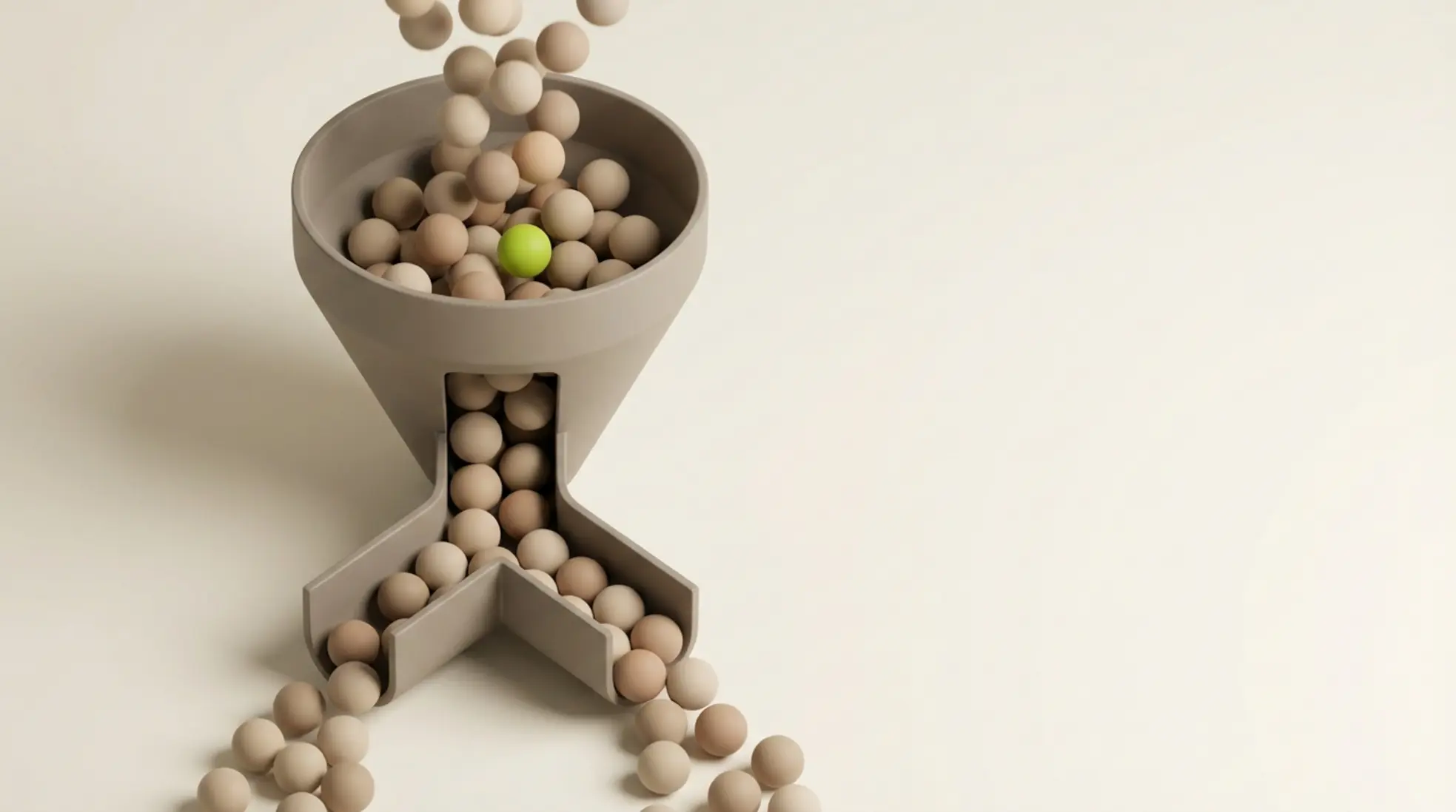 Minimalistische 3D trechter verdeelt neutrale bollen gelijk over twee uitgangen, met één limegroene bol als subtiel accent voor diversiteit