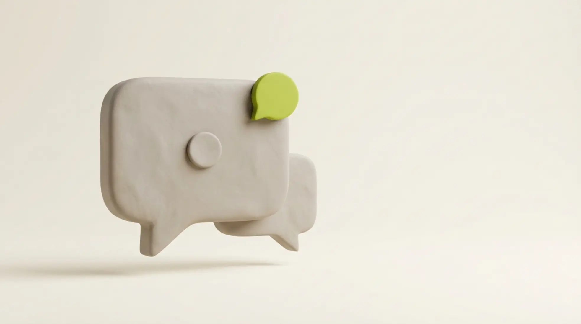 Minimalistische 3D render van zachte chatballon met tweede ballon en groene melding op lichte achtergrond met lege ruimte rechts