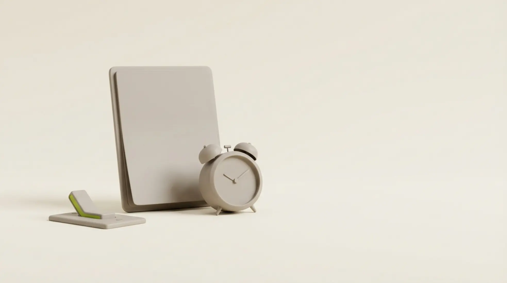Minimalistische 3D render van kalender, kleine wekker en aan-schakelaar in zachte grijstinten met limegroen accent en lege achtergrond rechts