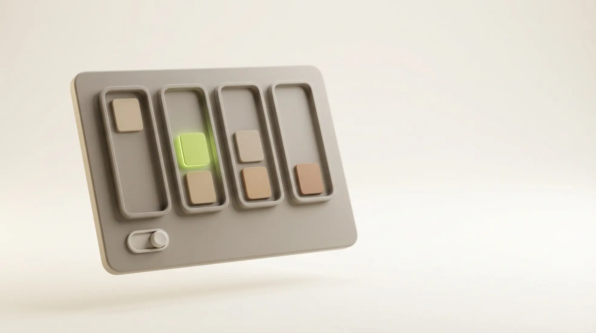 3D dashboard met pipeline kolommen en kaartjes die van links naar rechts bewegen zachte kleuren en één groen gemarkeerd element in lege lichte ruimte