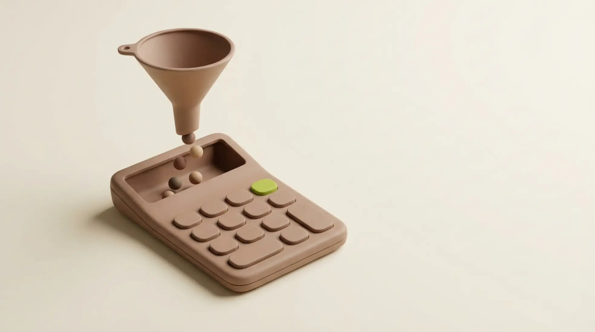 3D render van matte calculator met trechter die bolletjes laat vallen, symbool voor conversie, op lichte achtergrond met zachte schaduwen