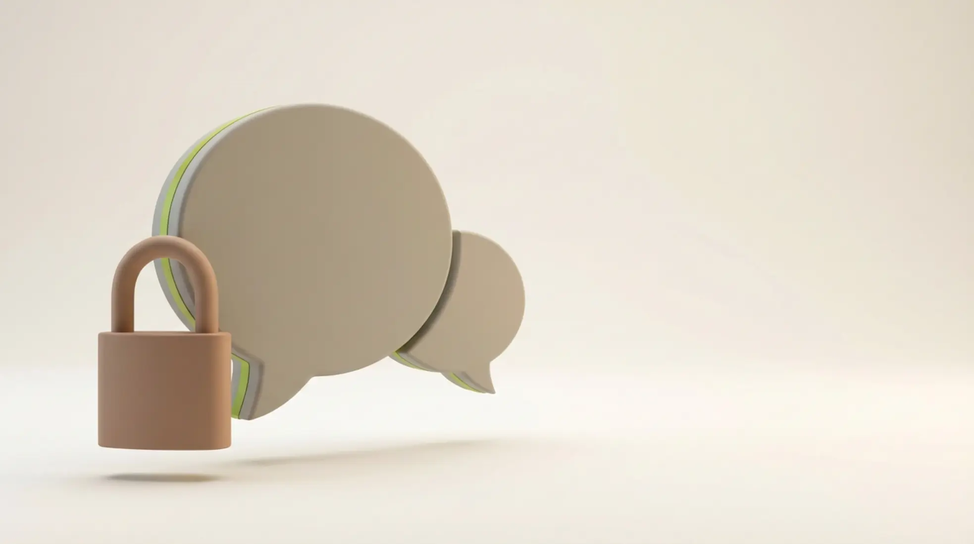 3D render van chatballon deels geblokkeerd door hangslot met klein accent in groen, minimalistische lichte achtergrond en veel lege ruimte rechts