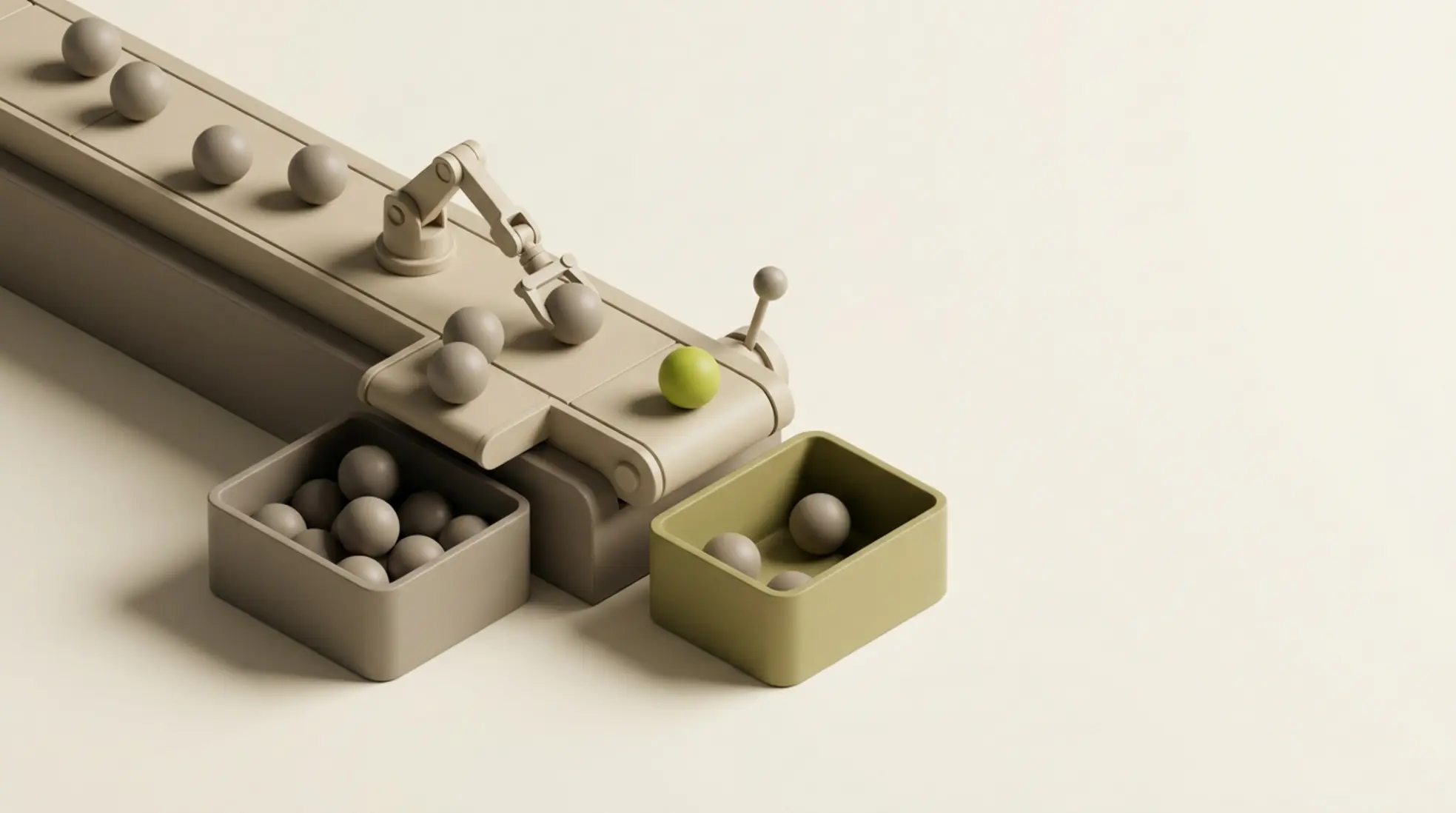 3D render van lopende band met robotarm die bollen sorteert, één groene bol wordt handmatig omgeleid als symbool voor biascorrectie