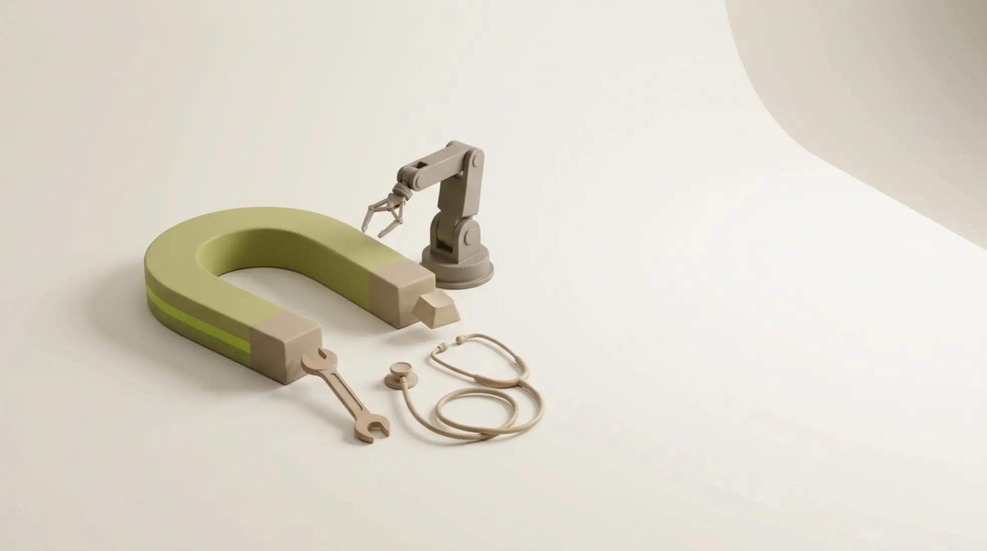 3D scène met hoefijzermagneet die sleutel, stethoscoop en toets aantrekt, met kleine robotarm erachter, minimalistisch en warm belicht