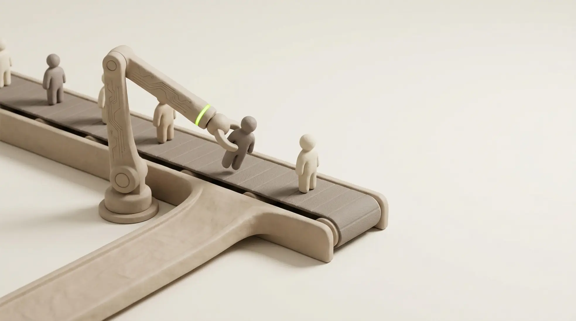 Minimalistische 3D transportband met kleine mensfiguren en een robotarm die één figuur apart zet tegen een rustige lichte achtergrond