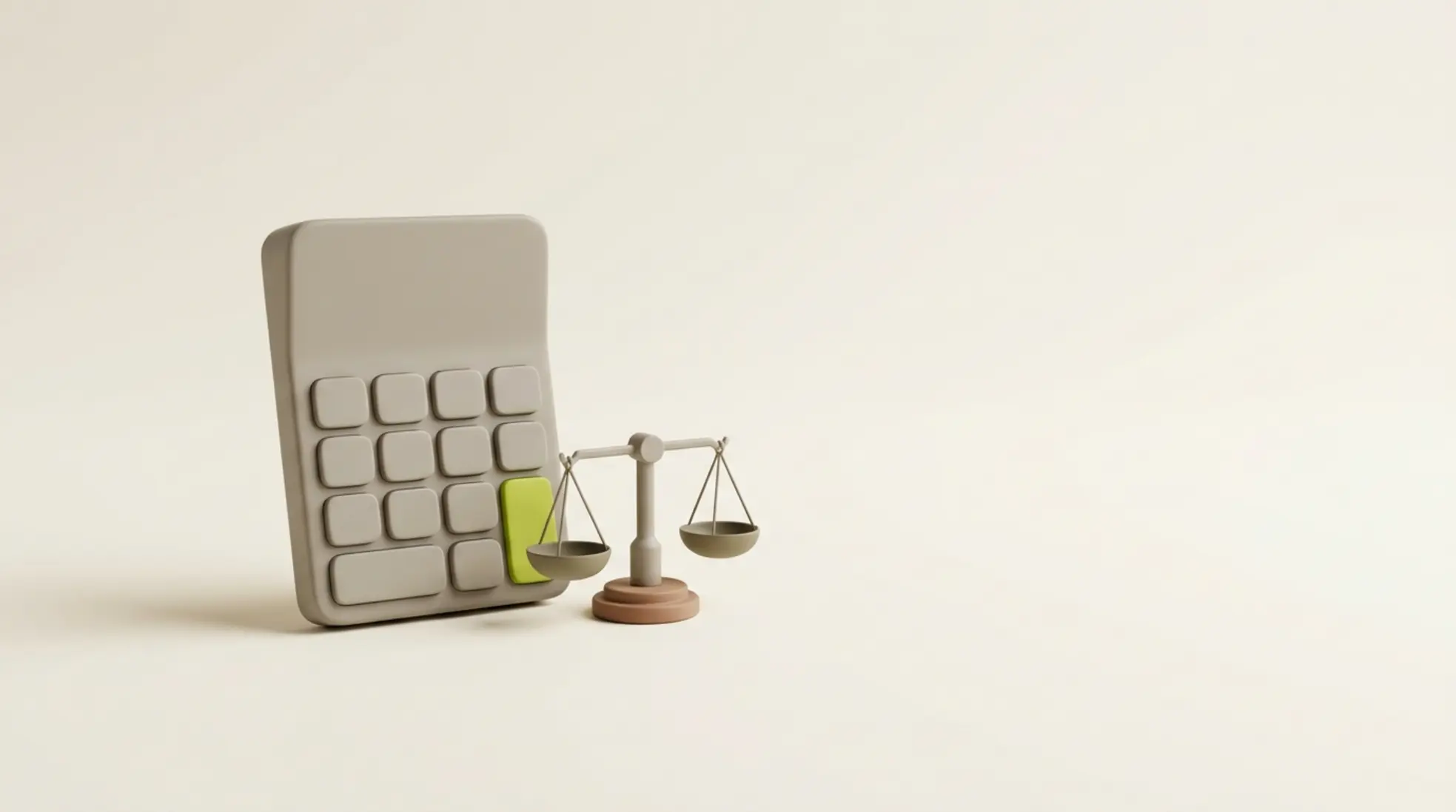 Minimalistische 3D render van matte rekenmachine en kleine balansweegschaal op crème oppervlak met zachte belichting en veel lege ruimte rechts