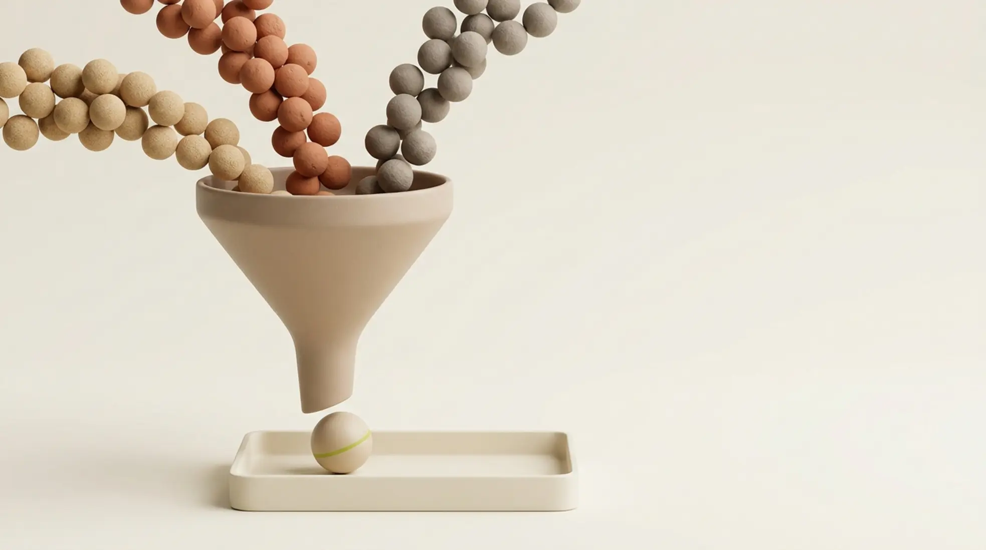 3D render van matte trechter met drie neutrale bolletjes die samenkomen tot één grotere bol op schaal op lichte achtergrond met zachte schaduwen