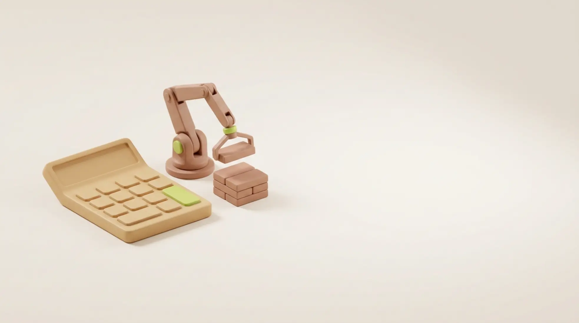 Minimalistische 3D render van zandkleurige rekenmachine met kleine robotarm die blokjes van stapel verwijdert op lichte achtergrond