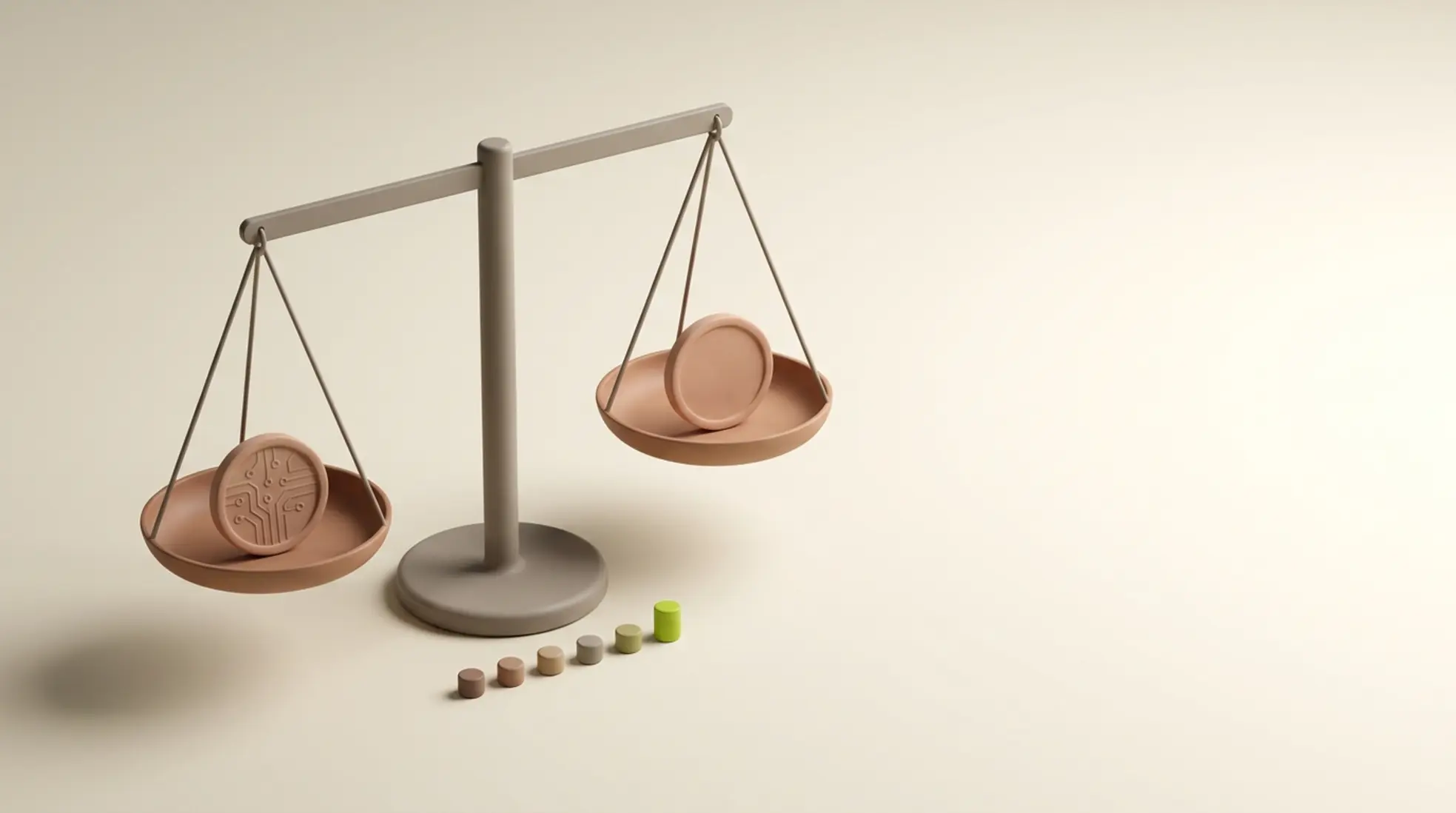 Minimalistische 3D weegschaal met twee gelijke schalen: links AI munt met circuitpatroon, rechts effen munt, subtiele KPI indicator in limegroen
