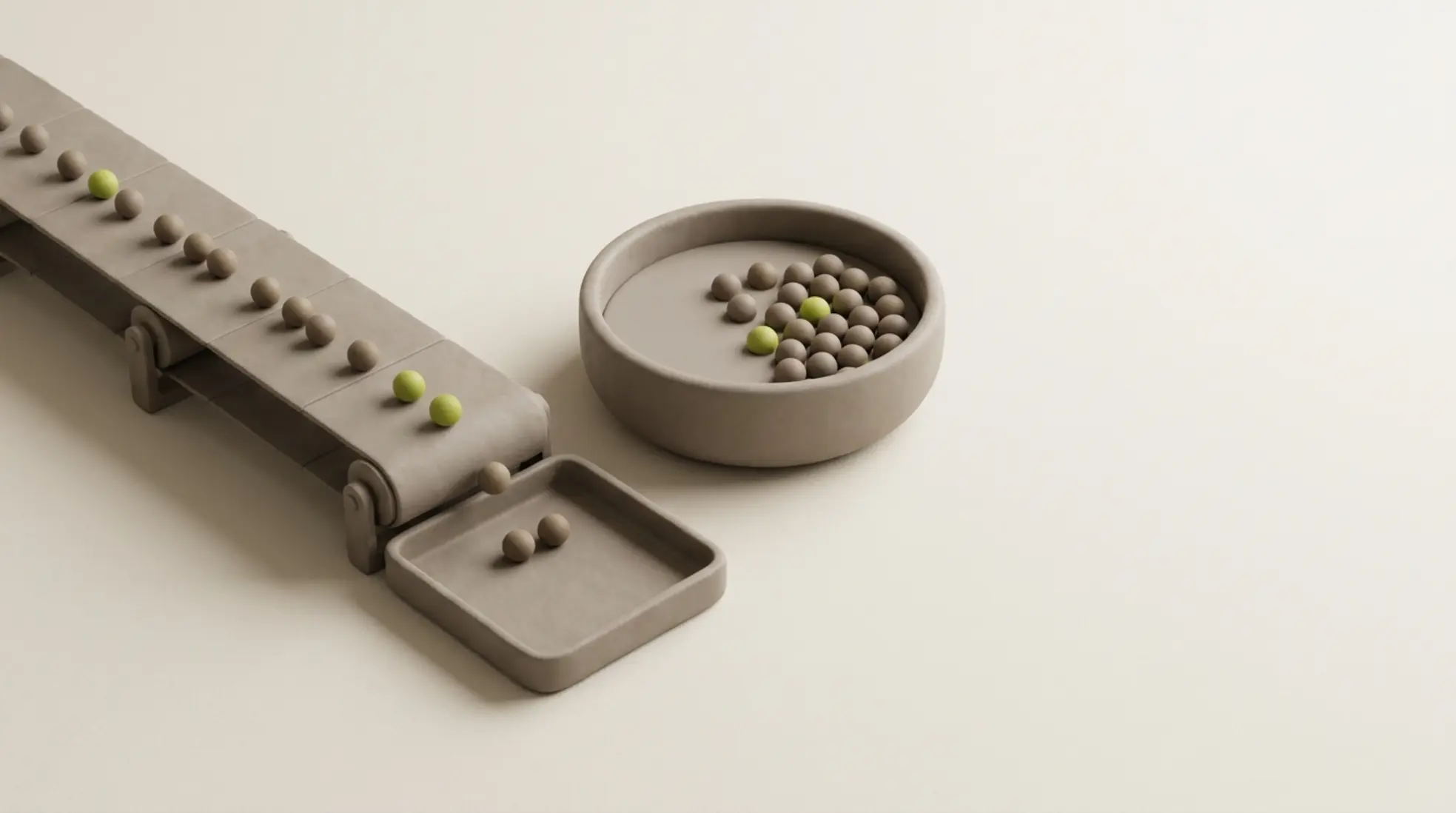 Minimalistische 3D scène met lopende band en bak met bollen, enkele groen geaccentueerd, in rustige studio-opstelling met veel lege ruimte rechts