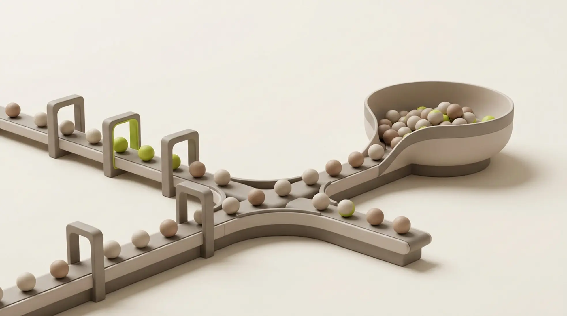 Minimalistische 3D transportband die splitst in gestructureerd pad met checkpoints en open bak waar bollen zich verzamelen in zachte tinten