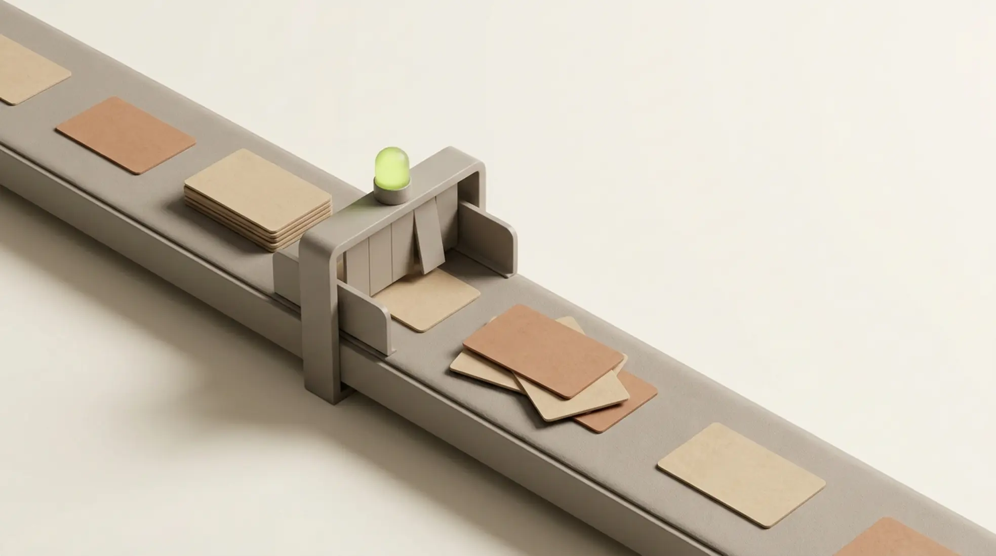Minimalistische 3D lopende band die kaarten sorteert in twee stapels met klein groen accent op warme lichte achtergrond
