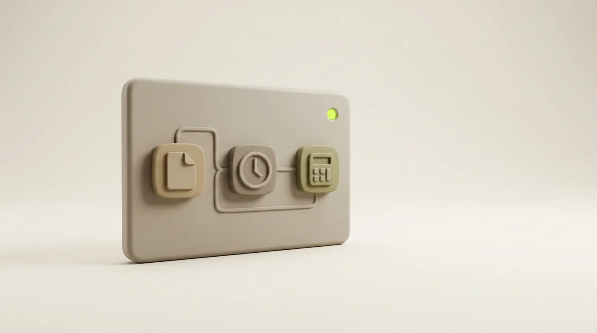3D render van minimalistisch dashboardpaneel met gekoppelde iconen voor contract tijd en facturatie en groen statuslampje op rustige achtergrond