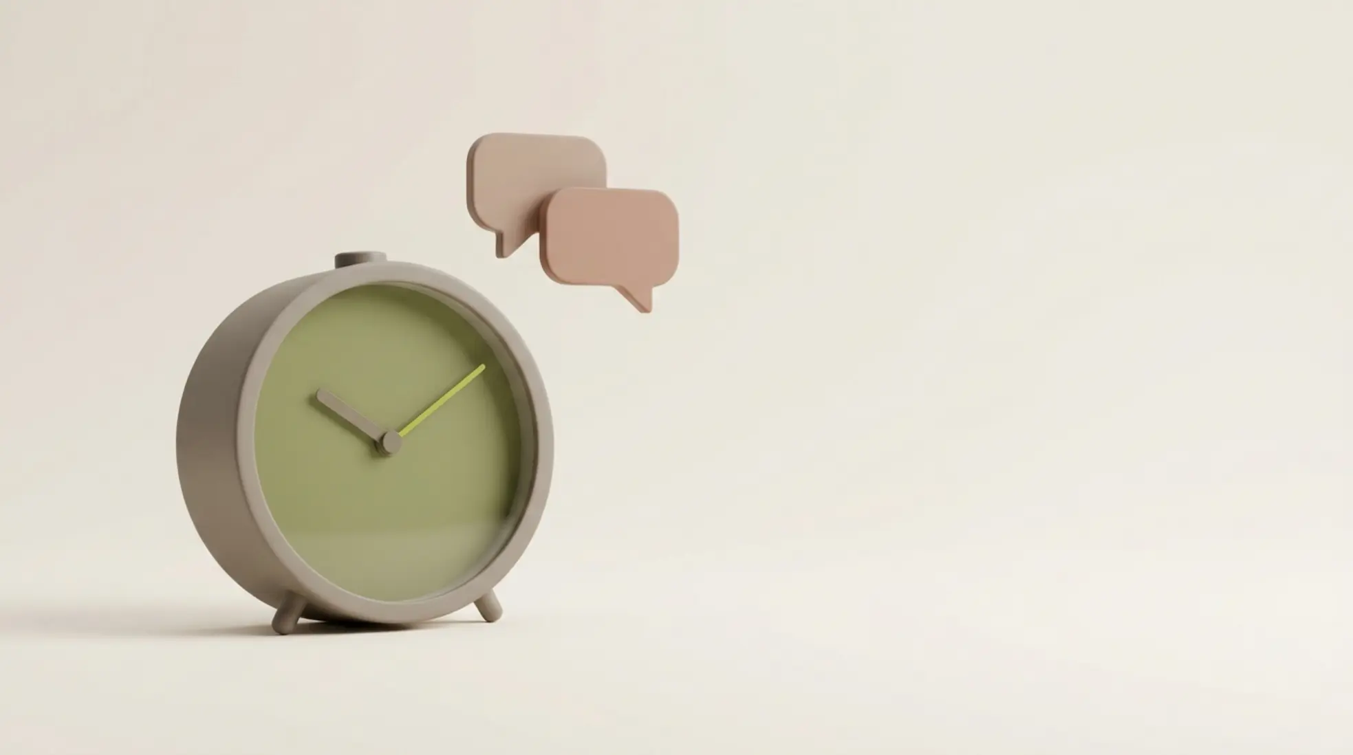 Driedimensionale minimalistische wekker in warm grijs met olijfgroene wijzerplaat en lime detail met vage chatballonnen op lichte lege achtergrond