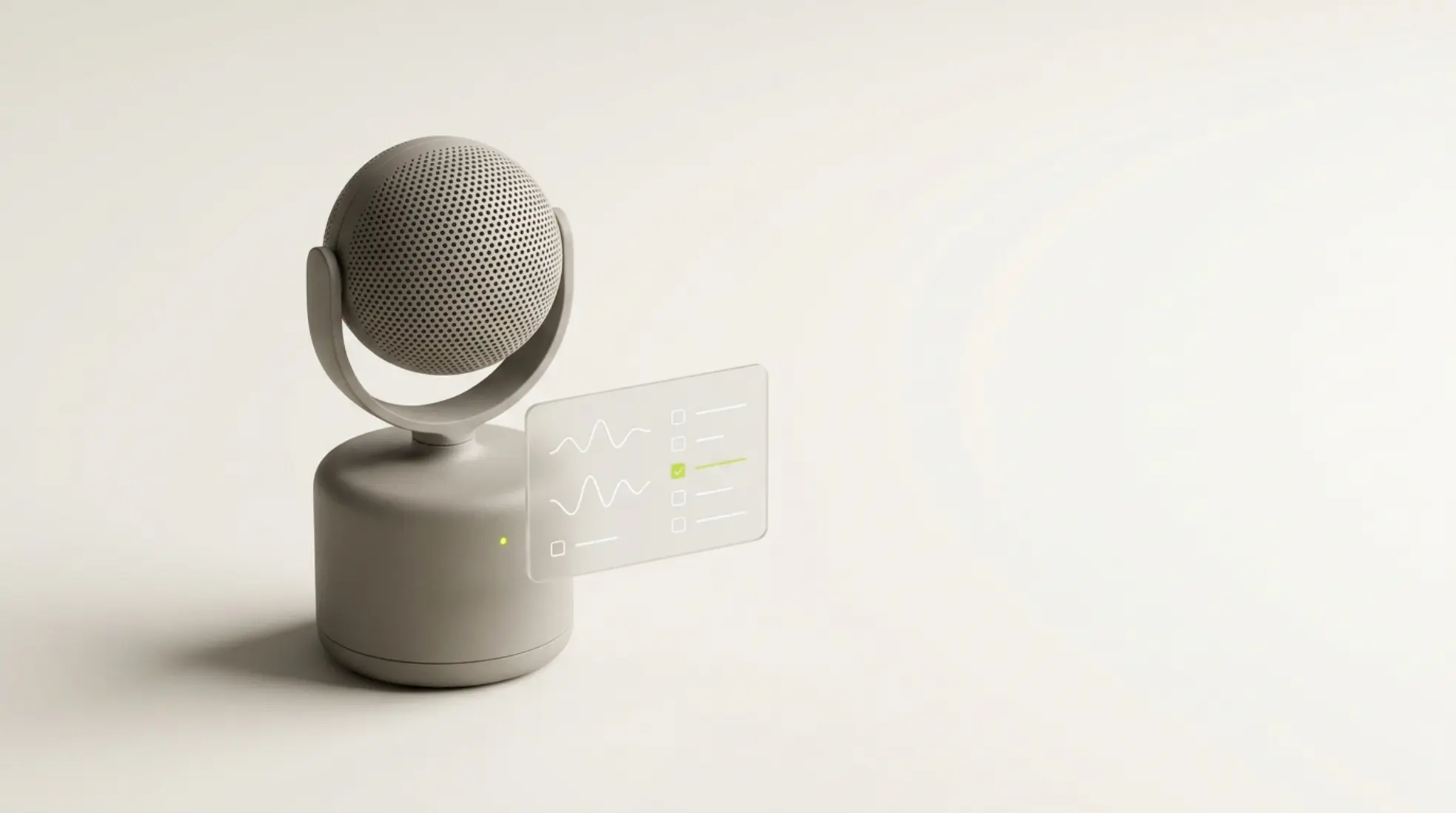Minimalistische 3D render van matte desktop microfoon met zwevend dashboard met golfvormen en indicatoren op warme lichte achtergrond