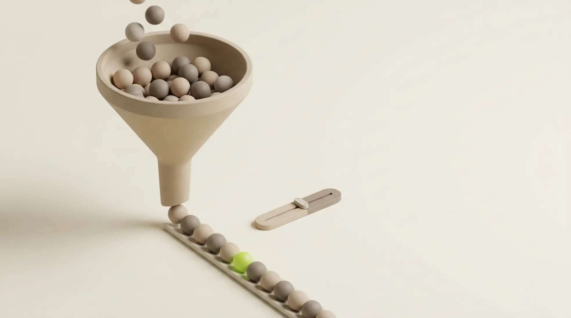 3D render van zandkleurige trechter die gelijke bollen ordent tot een rij, met één limegroene accentbol en subtiele schuifmeter ernaast
