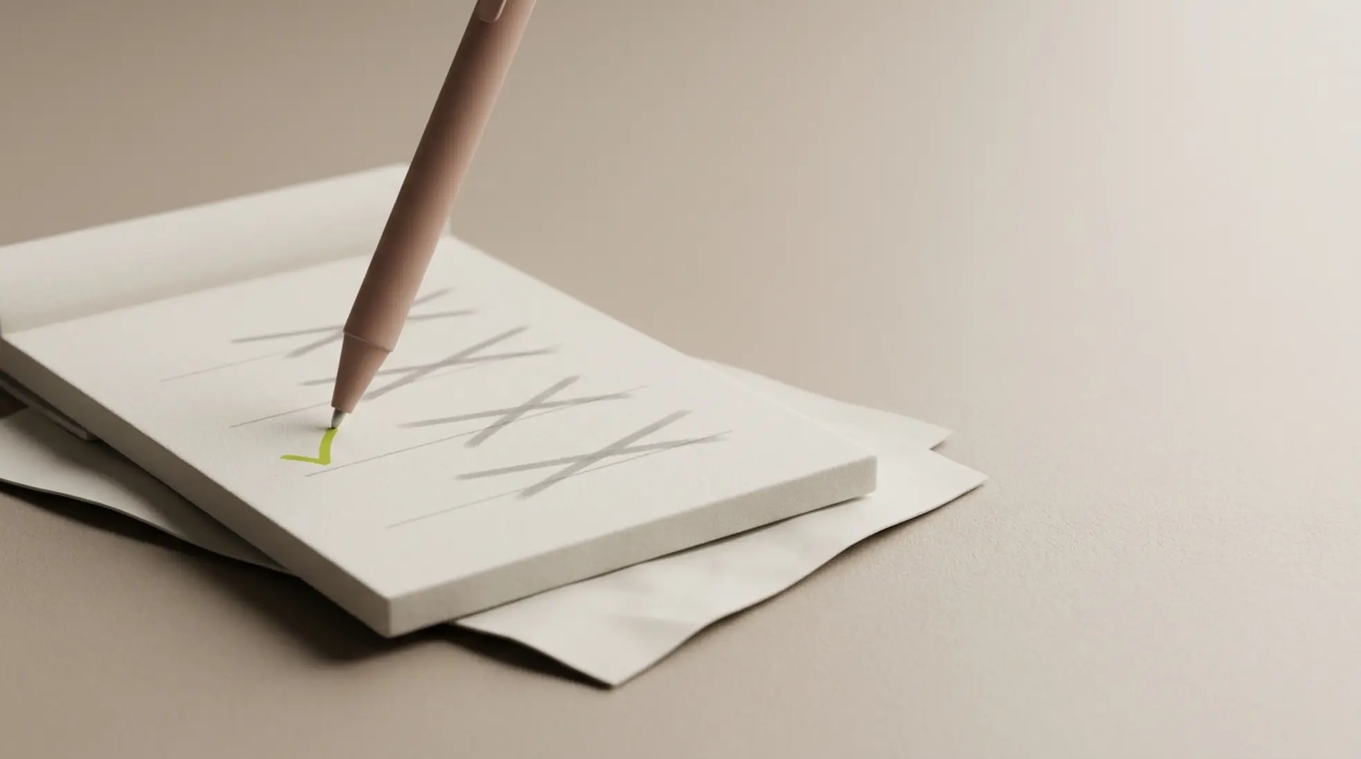 Minimalistische 3D scene met notitieblok en pen die regels doorstreept en met groene vinkjes corrigeert op rustige lichte achtergrond