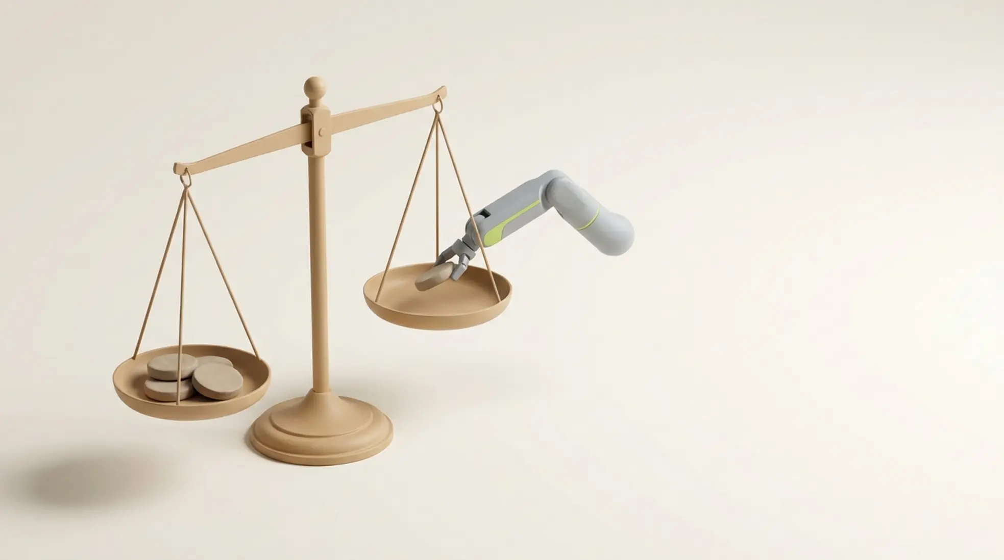 3D weegschaal in zandkleur met kleischijven, bijgesteld door kleine grijze robotarm, symbool voor eerlijke en door AI beïnvloede keuzes