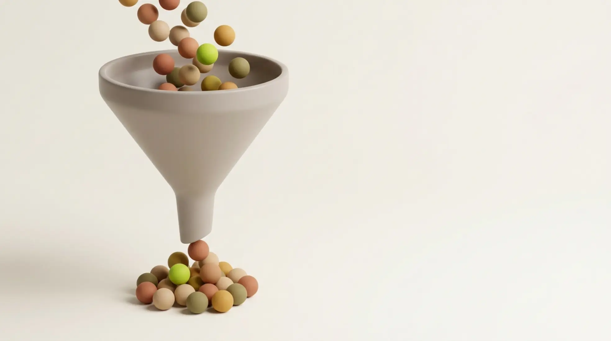 3D beeld van trechter met kleine bollen die erin stromen en onderaan verzamelen, enkele bollen in limegroen, op lichte rustige achtergrond