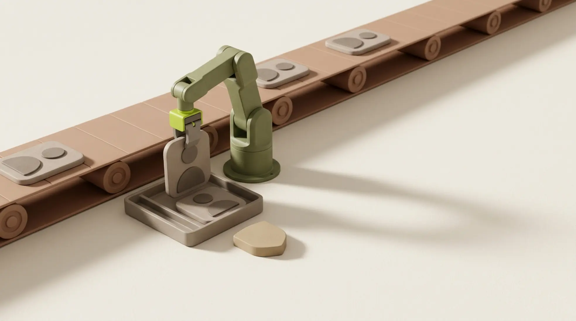 3D render van transportband met profieltegels en robotarm die selecteert, met schildje voor controle en naleving in minimalistische setting