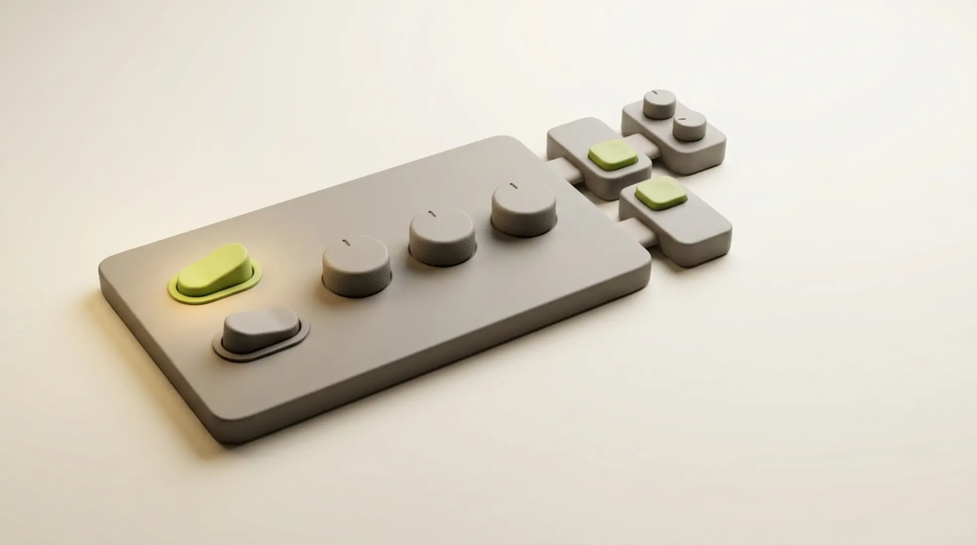 Minimalistische 3D render van modern bedieningspaneel met schakelaars, één lichtgroene knop en modules op lichte achtergrond