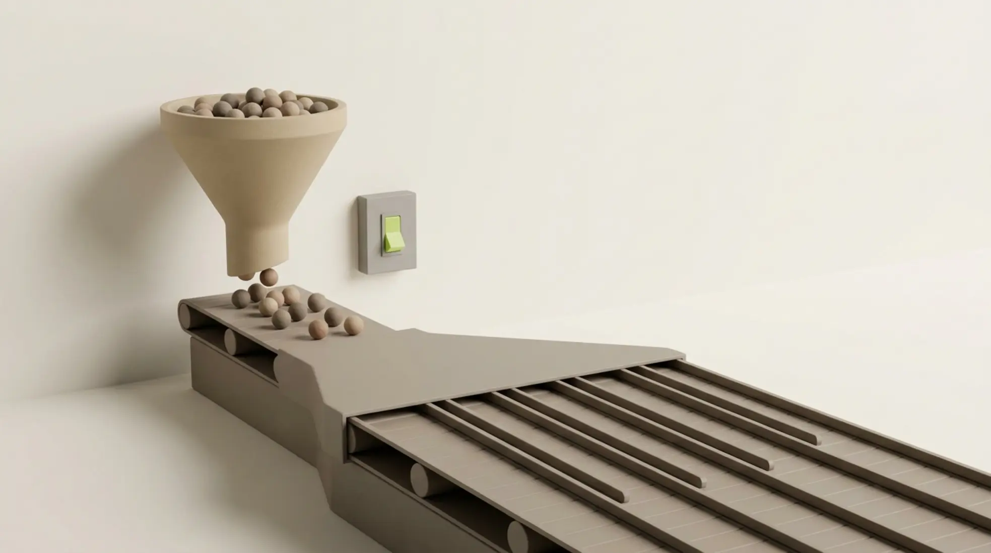 Driedimensionale trechter die bolletjes op gesplitste transportband laat vallen naast groene schakelaar als symbool voor gestructureerde werving