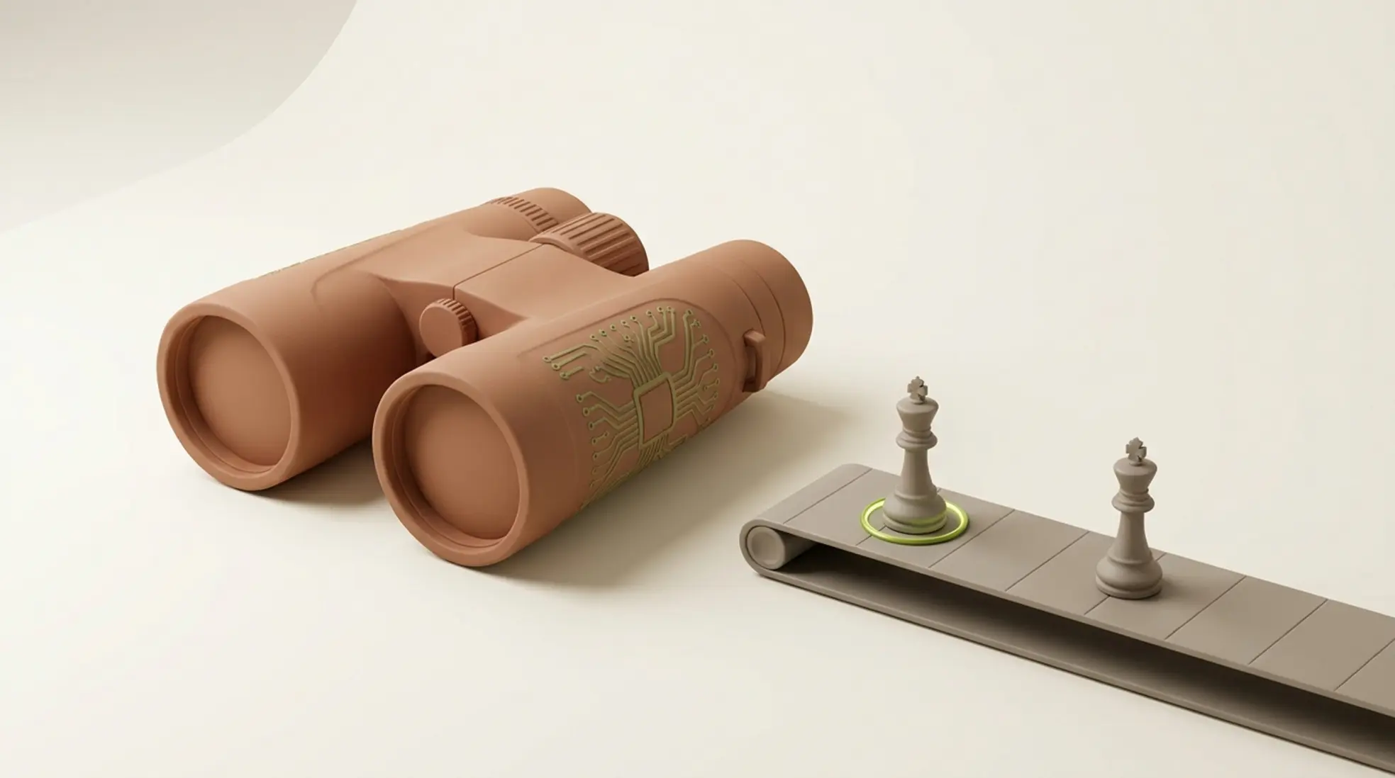 3D render van matte verrekijker met subtiel circuitpatroon naast lopende band met schaakstukken waarvan één groen gemarkeerd op rustige lichte achtergrond