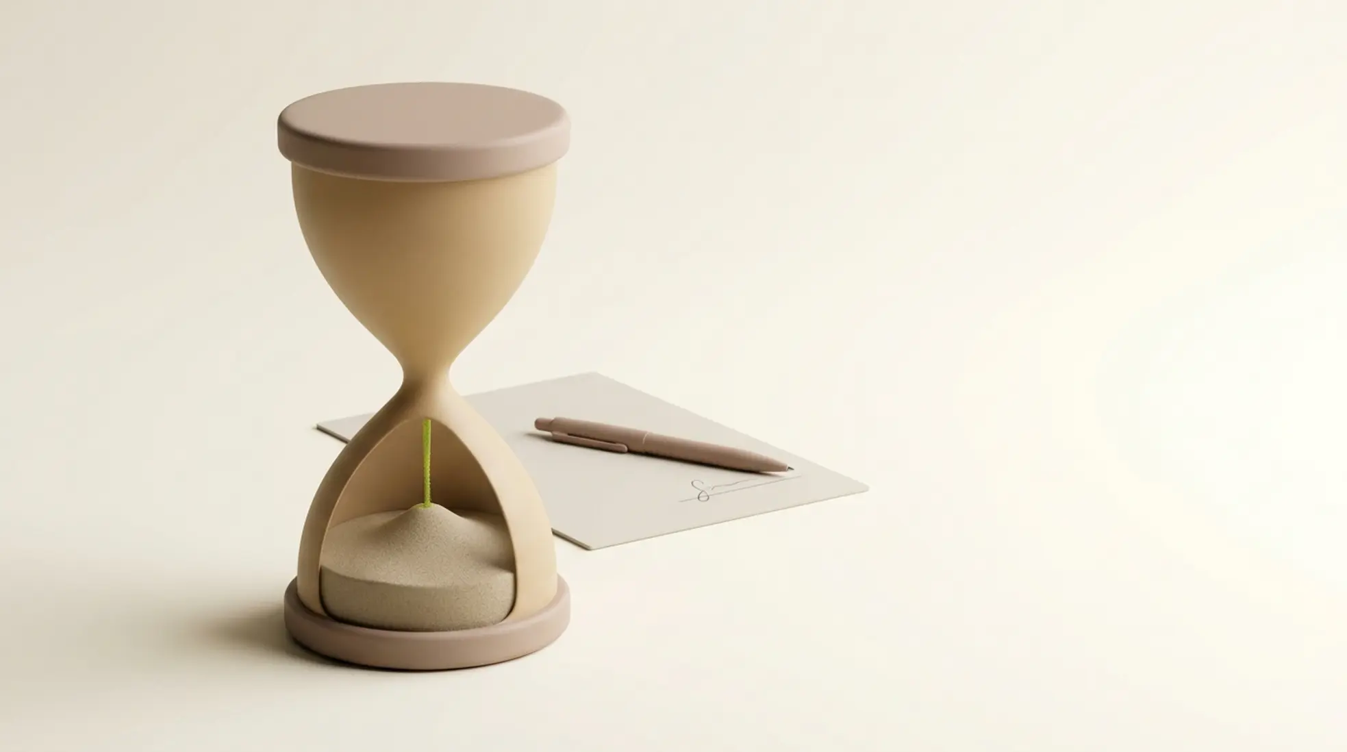 3D-render van een grote, matte zandloper met warm zandkleurig lichaam en subtiele groene sandaccenten, naast een eenvoudig contractdocument met pen.