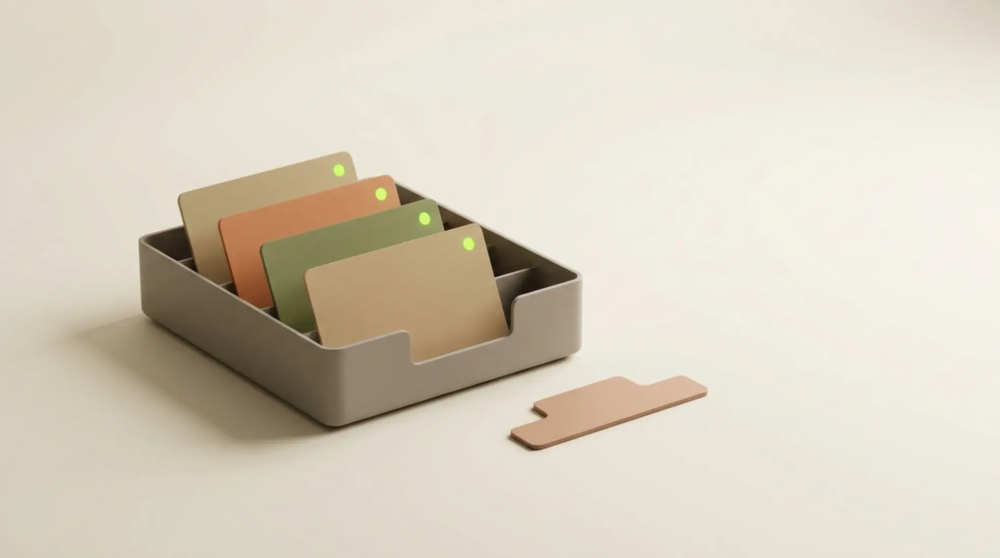 Stijlvolle inbox tray met aardetinten, met statusindicatoren en een divider tab, op een zachte off-white achtergrond.