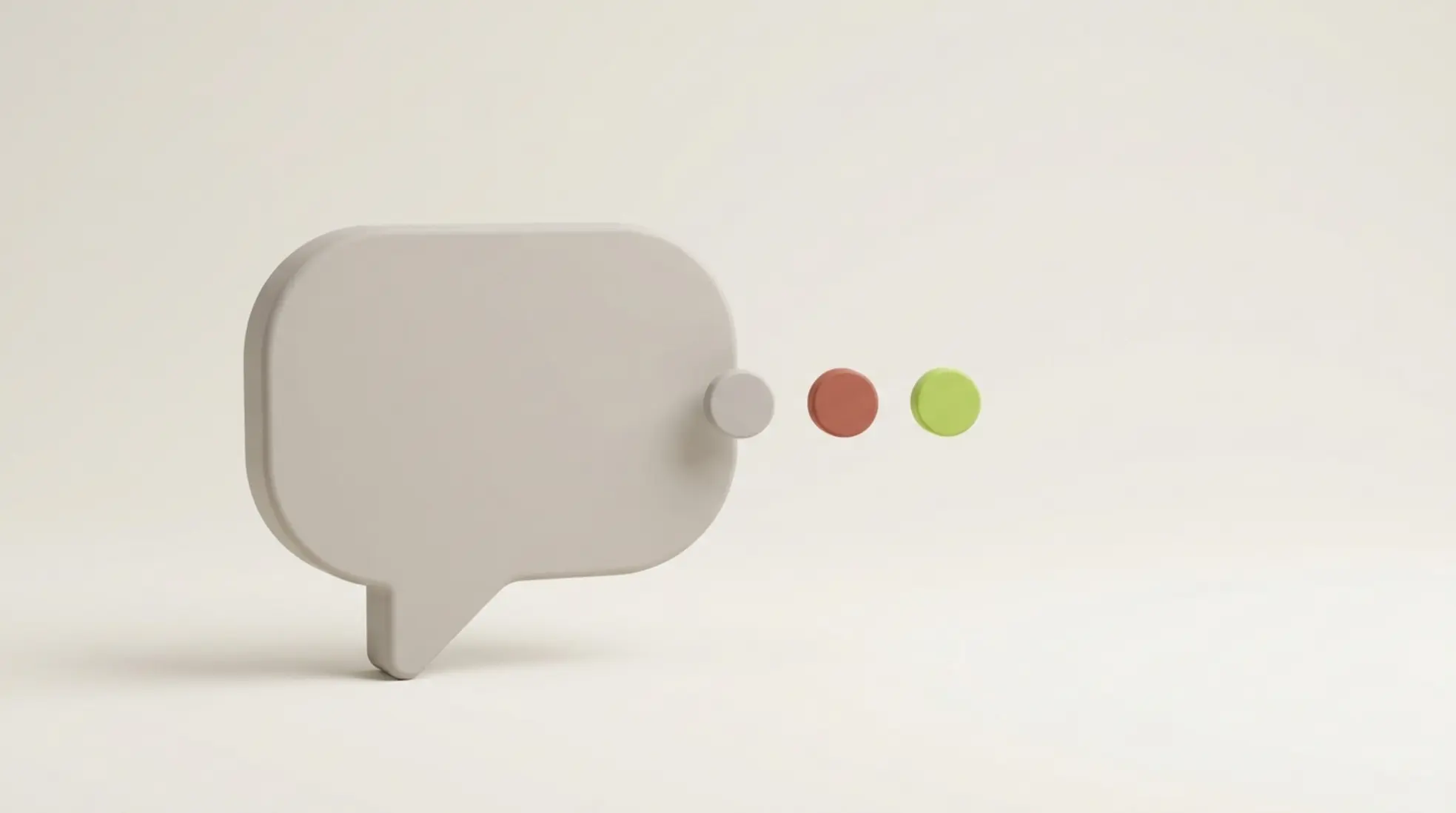 Stijlvolle 3D-render van een grote chatbubble met statusindicatoren in een minimalistische setting, tegen een warme achtergronder.