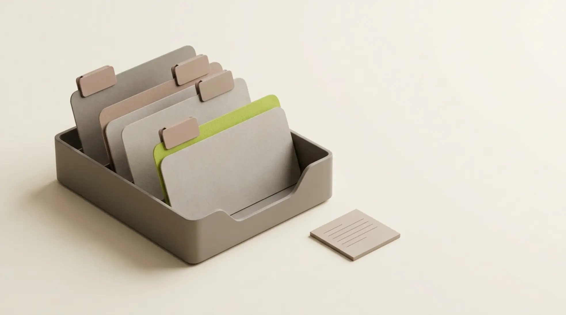 3D render van een stylish inbox tray met boodschapkaarten en een notitiekaartje, in warme aardetinten tegen een lichte achtergrond.