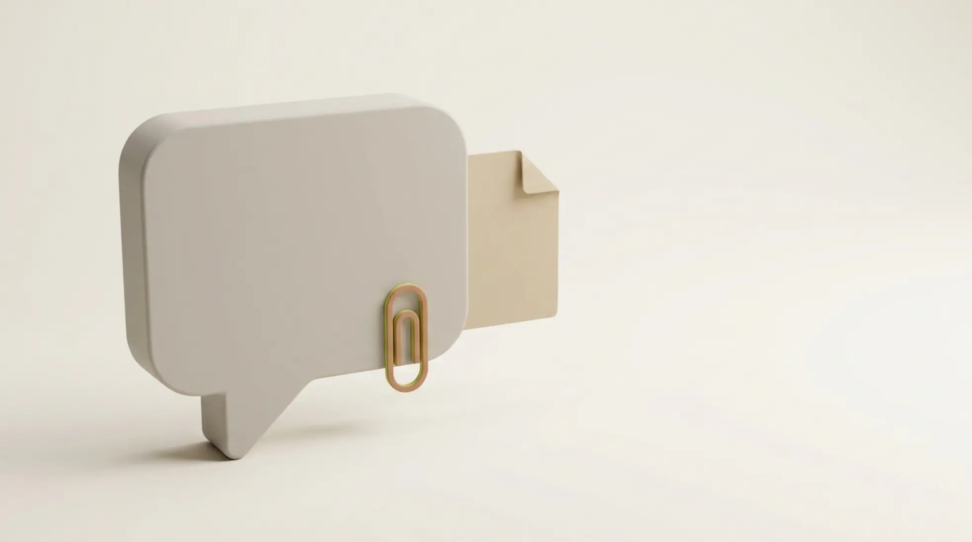 Een grote gestileerde chatbubbel met een matte kleur, een kleine paperclip en een sandkleurig document, tegen een warme crème achtergrond.