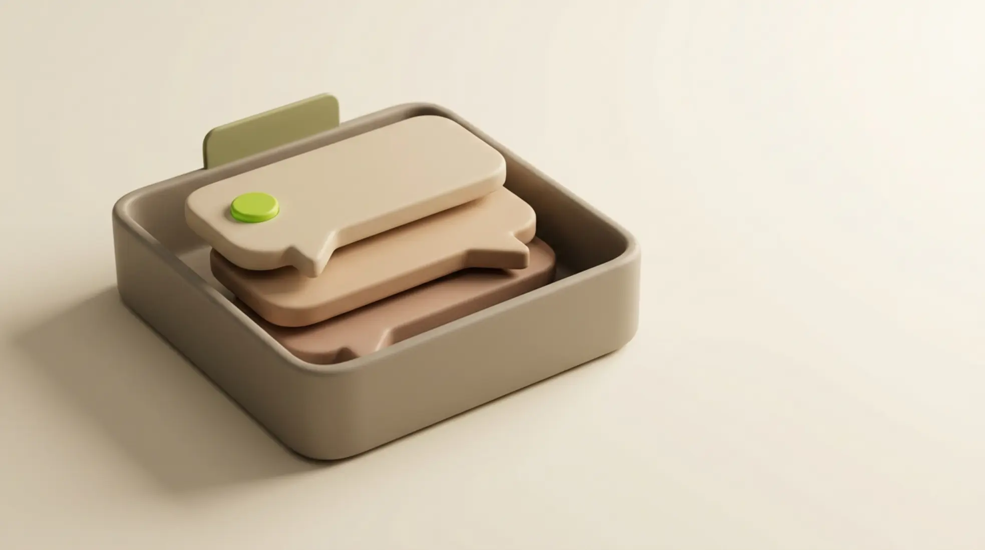 3D render van een stilistische inbox tray met chatbellen in zachte tinten, warm licht, en een minimalistische achtergrond.