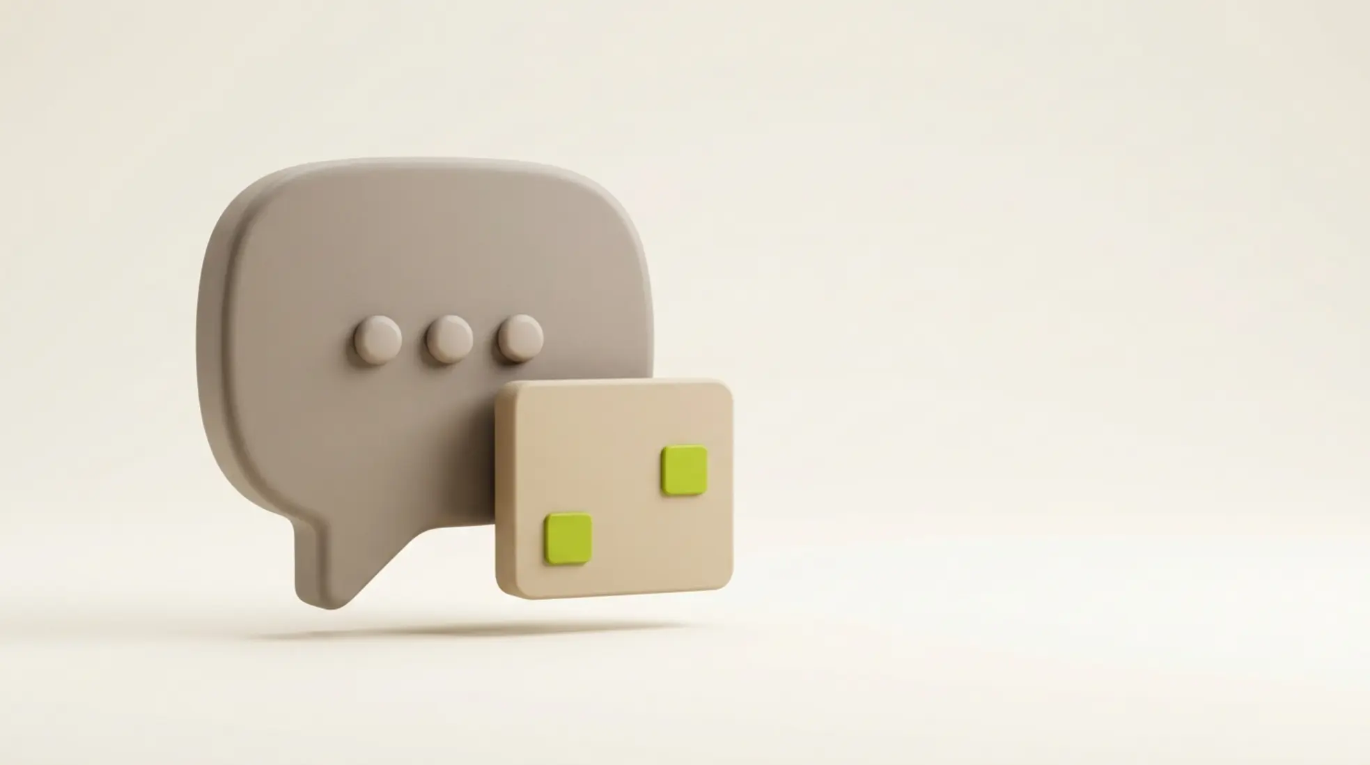 3D-render van een grote chatbubble en een minimalistische kalenderpagina met twee groene datumbalken, op een zachte off-white achtergrond.