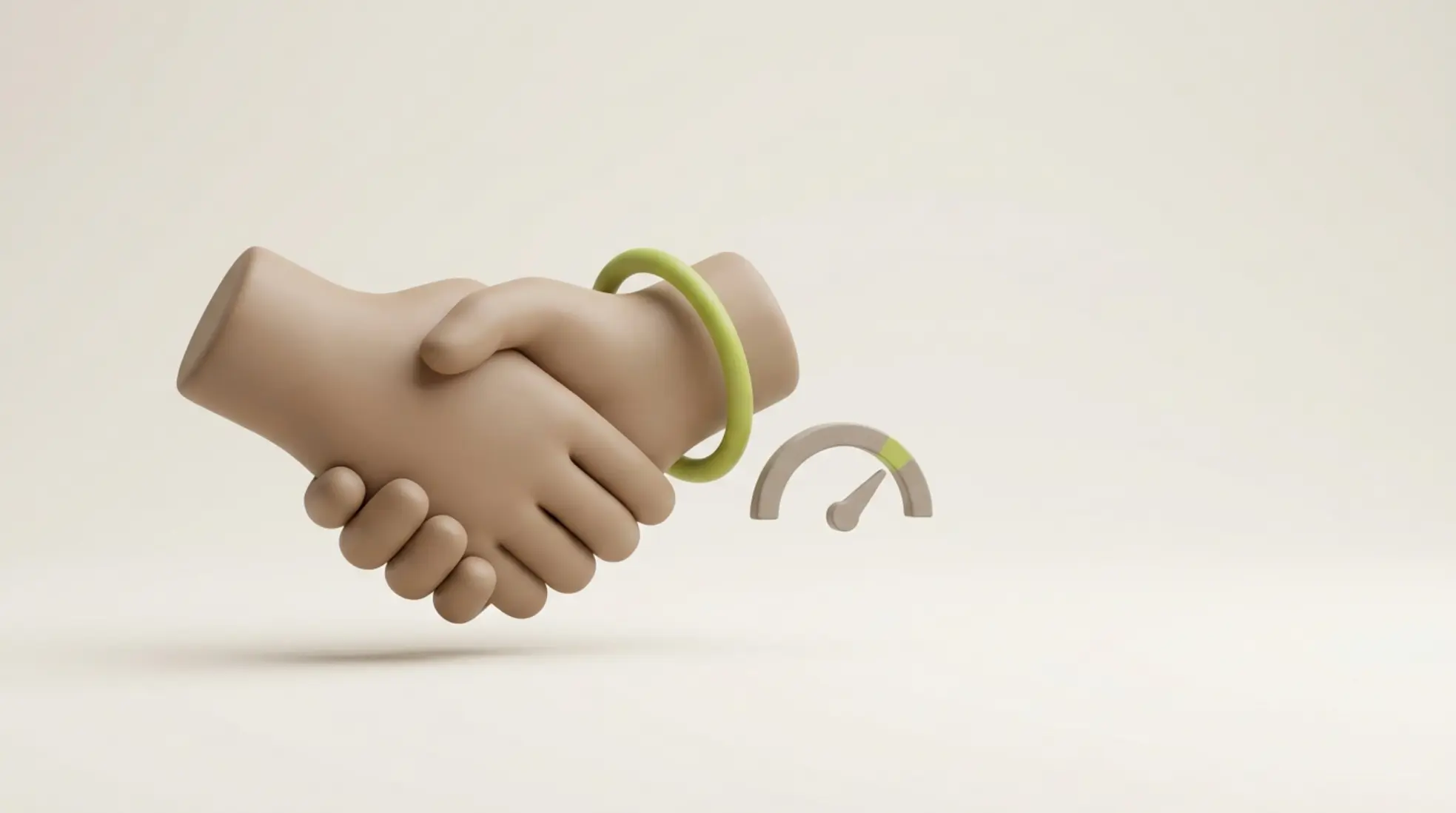 Een gestileerd handdrukpictogram in matte klei-kleuren, met een groene ring en een gauge dial, symboliseert LinkedIn connecties en prestaties.