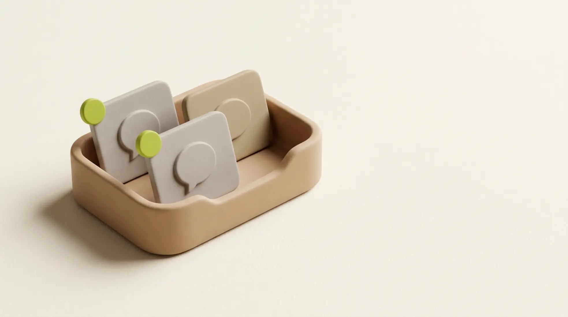 3D render van een inbox met drie matte berichtencards, twee bevestigd en één in afwachting, op een warme beige achtergrond.
