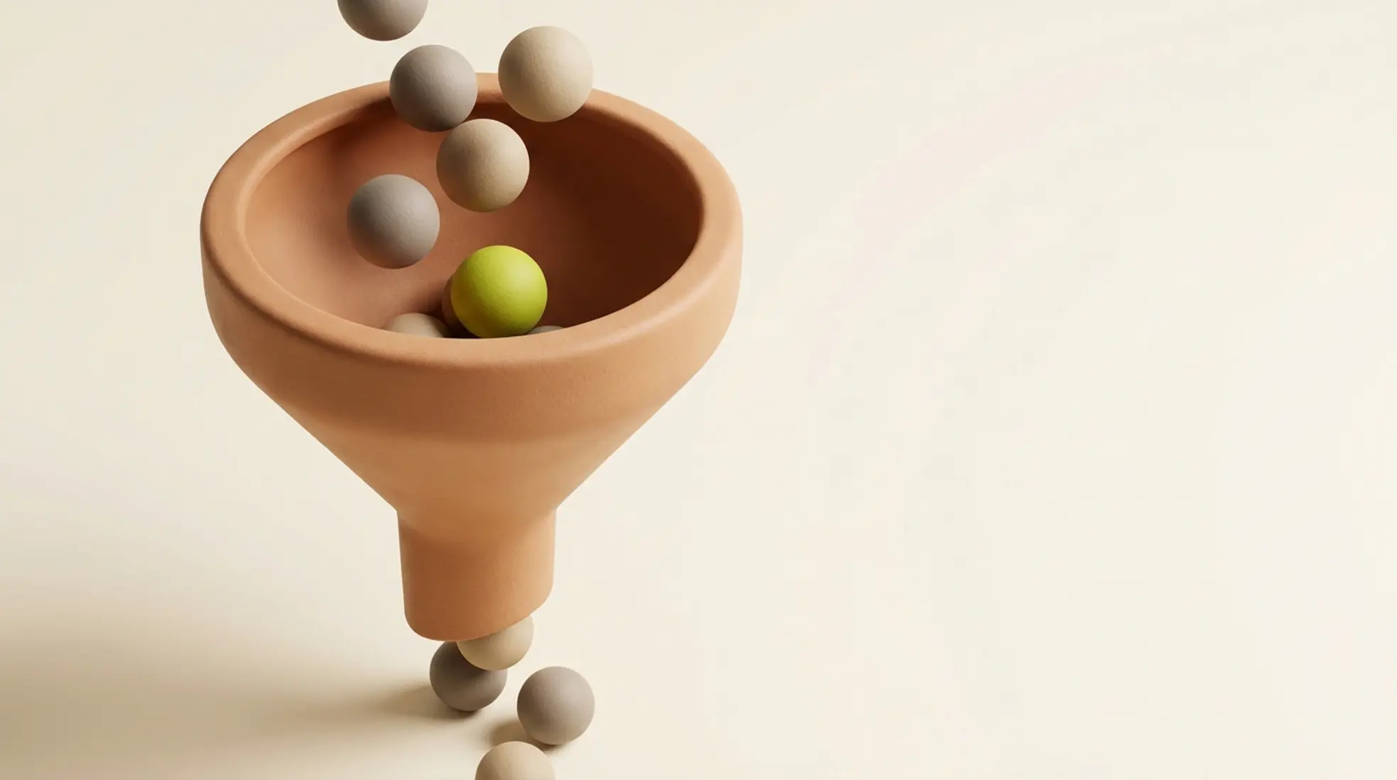 3D-render van een matte recruitment funnel met verwarmde kleurtinten en zachte afgeronde randen, met kleurrijke ballen die erin stromen.