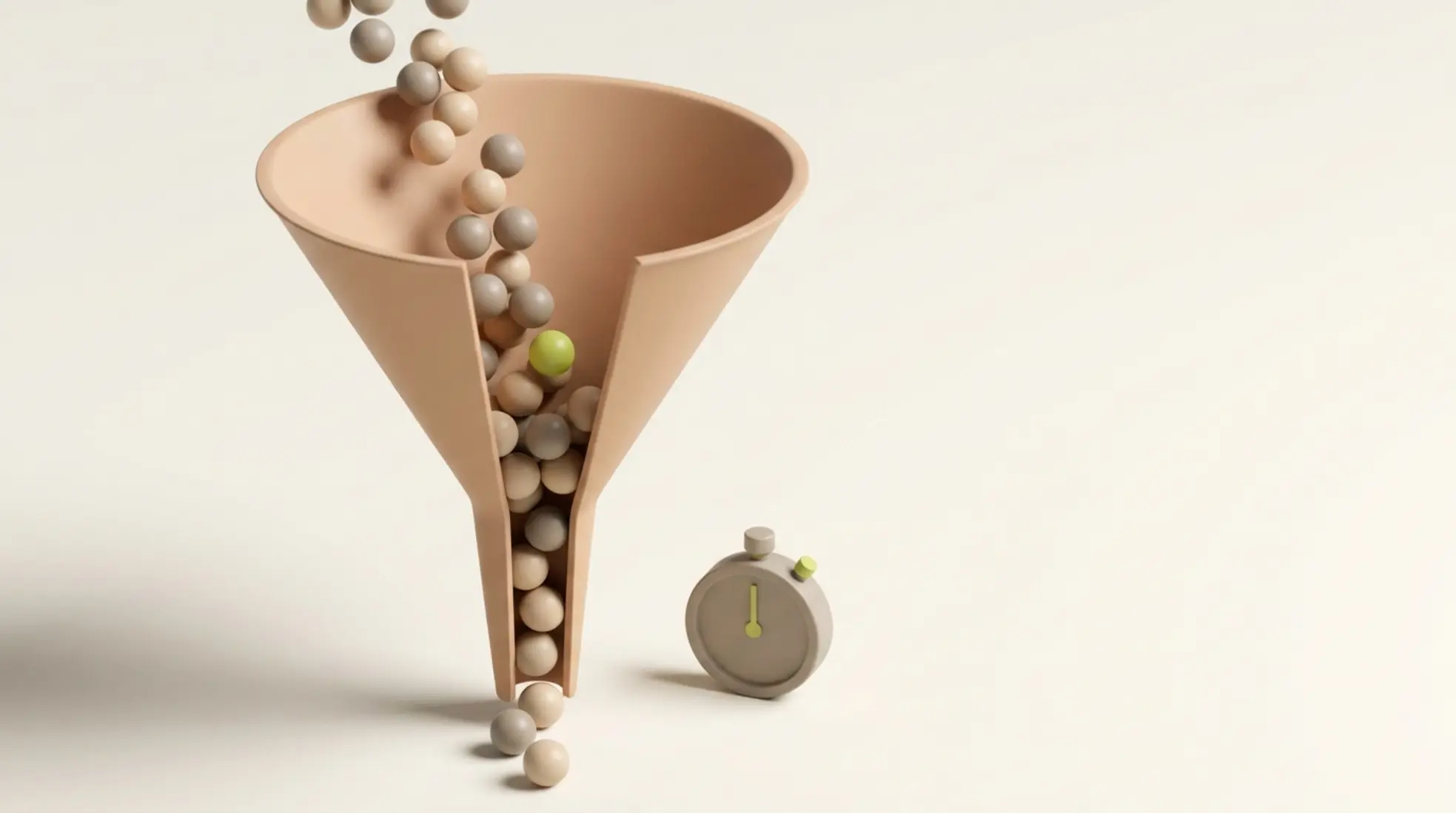 3D render van een matte trechter met marmeren ballen, die een recruitmentproces voorstellen, tegen een zachte off-white achtergrond.