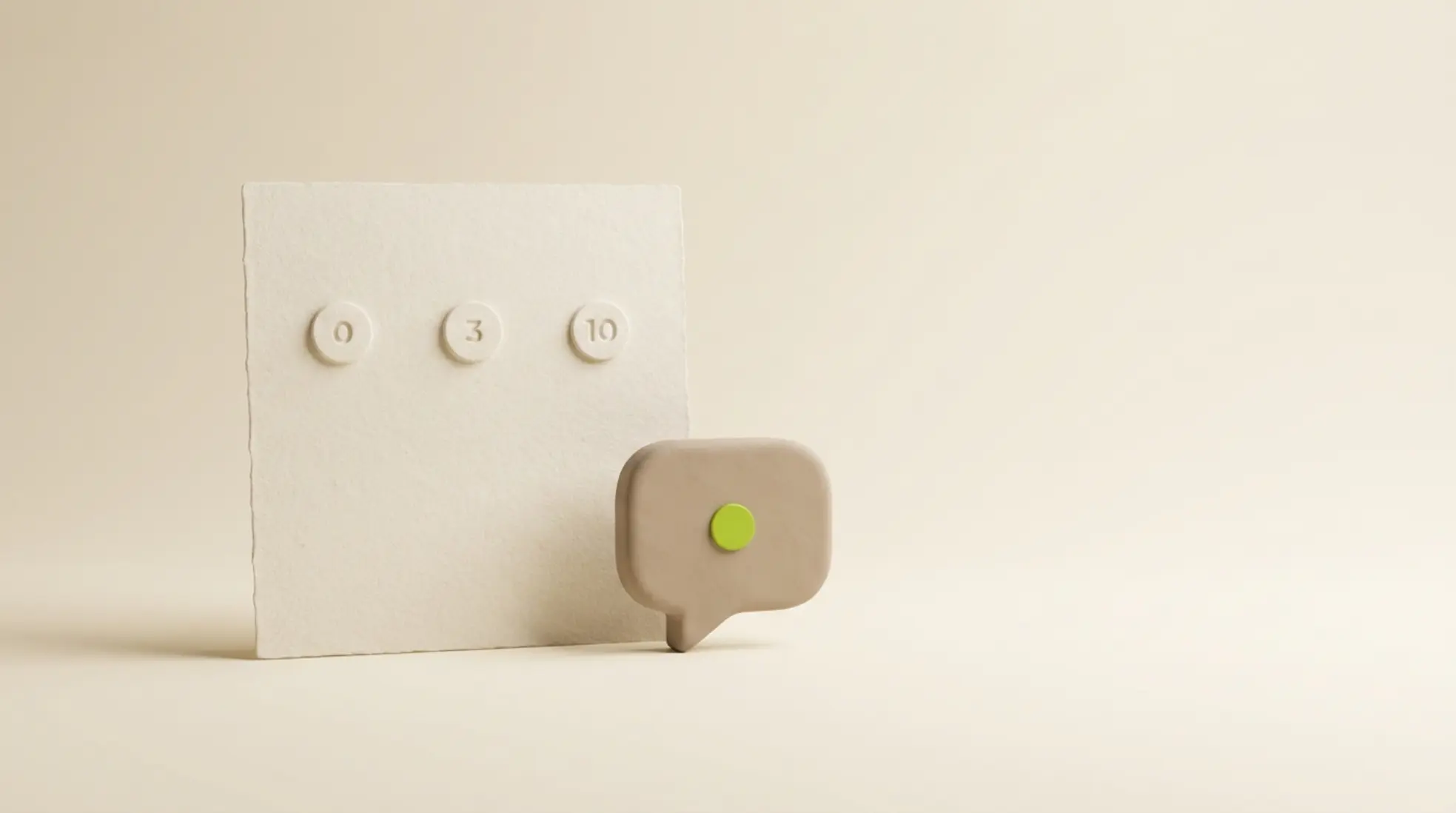 Minimalistische 3D-render van een kalenderpagina met drie raised date markers en een chatbubble, alles in zachte, neutrale tinten.