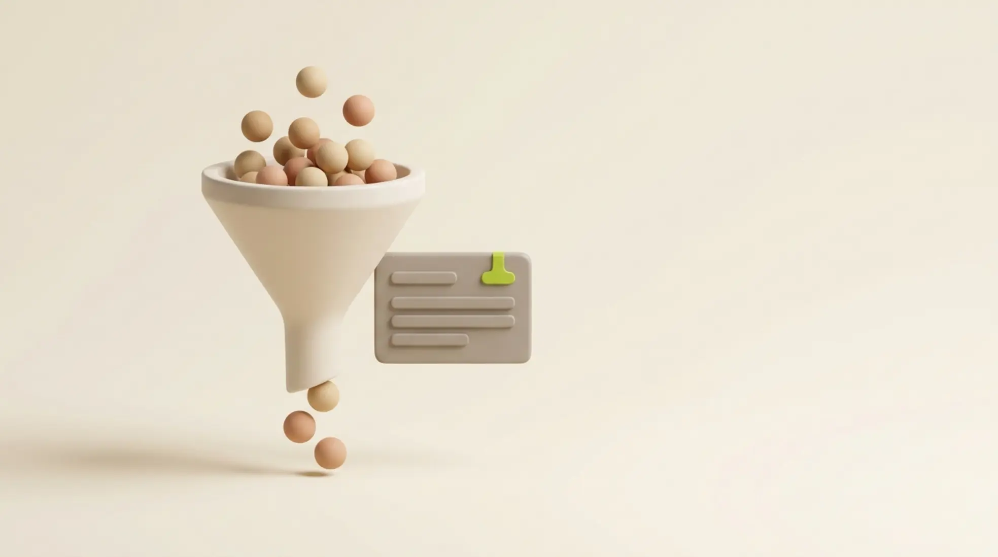 Minimalistische 3D-render van een recruitmentfunnel met matte bollen en een dashboardpaneel in warme grijstinten en limegroen.