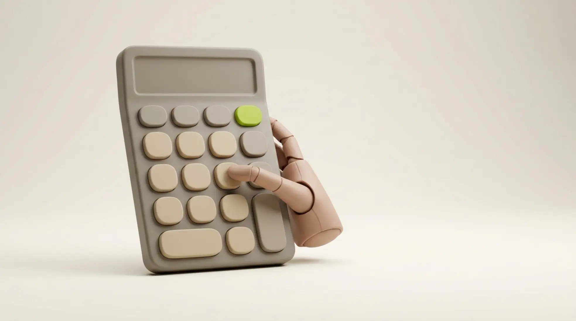 Een matte calculator met grote knoppen en een robotarm die een knop indrukt, tegen een warme crème achtergrond. Minimalistisch en premium.