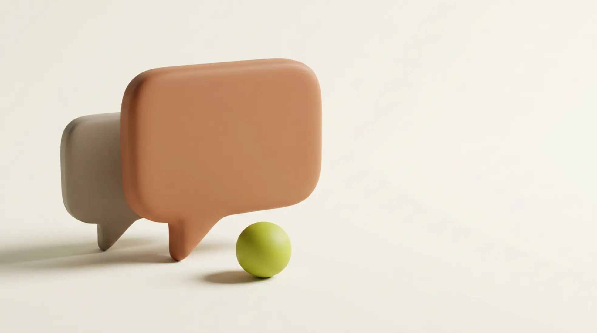 3D-rendering van twee chatbubbels in warme kleurtinten op een lichte achtergrond, met een notificatiedot voor LinkedIn-berichten.