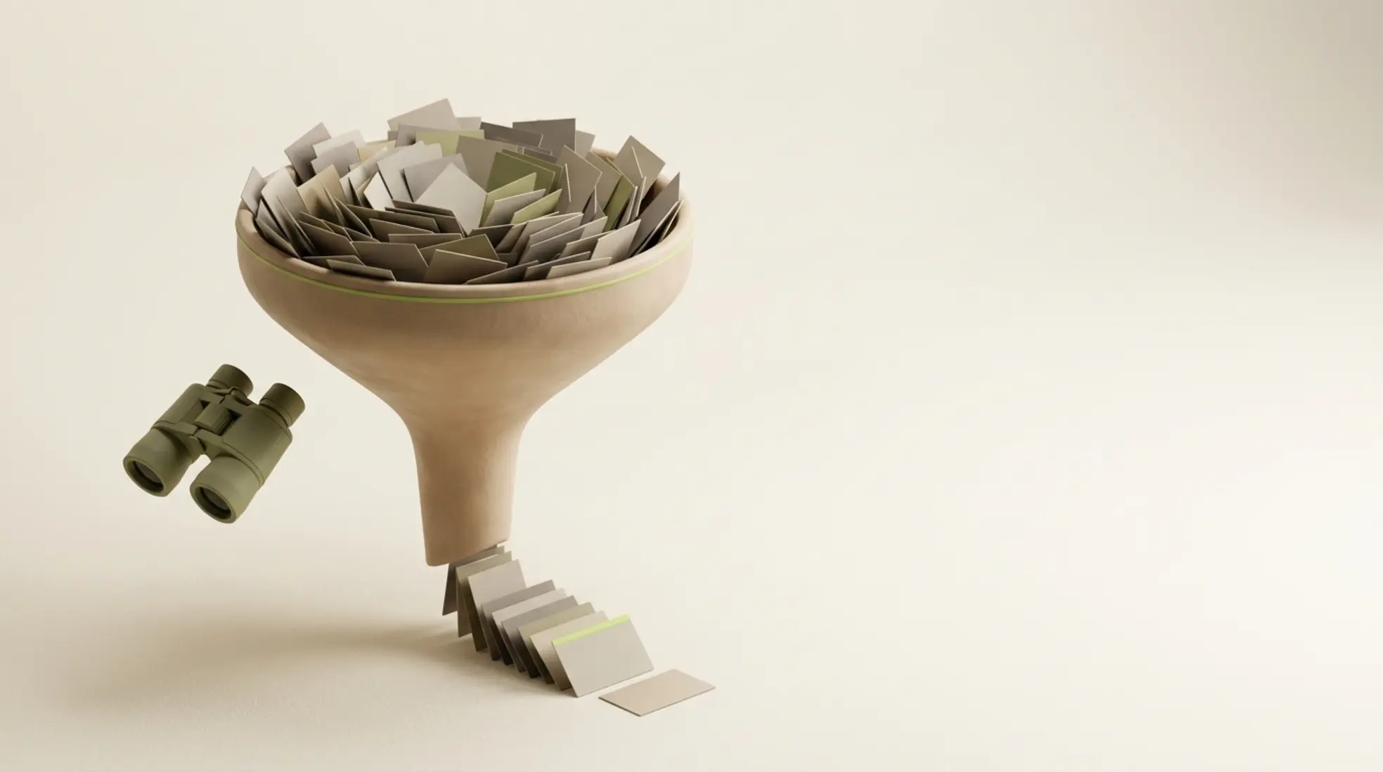 Een grote matte keramische funnel met professioneel geselecteerde profielkaarten, omgeven door een warme, minimalistische achtergrond.
