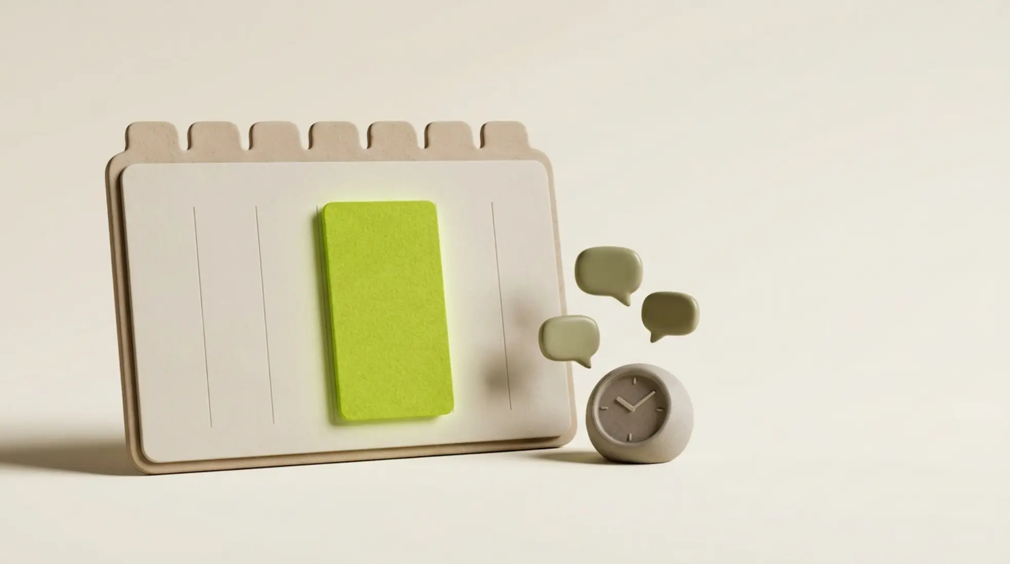 Een panoramisch 3D-render van een matte weekkalender met verhoogde dagtabs en een geselecteerde inhoudskaart in limegroen, tegen een warme achtergrond.
