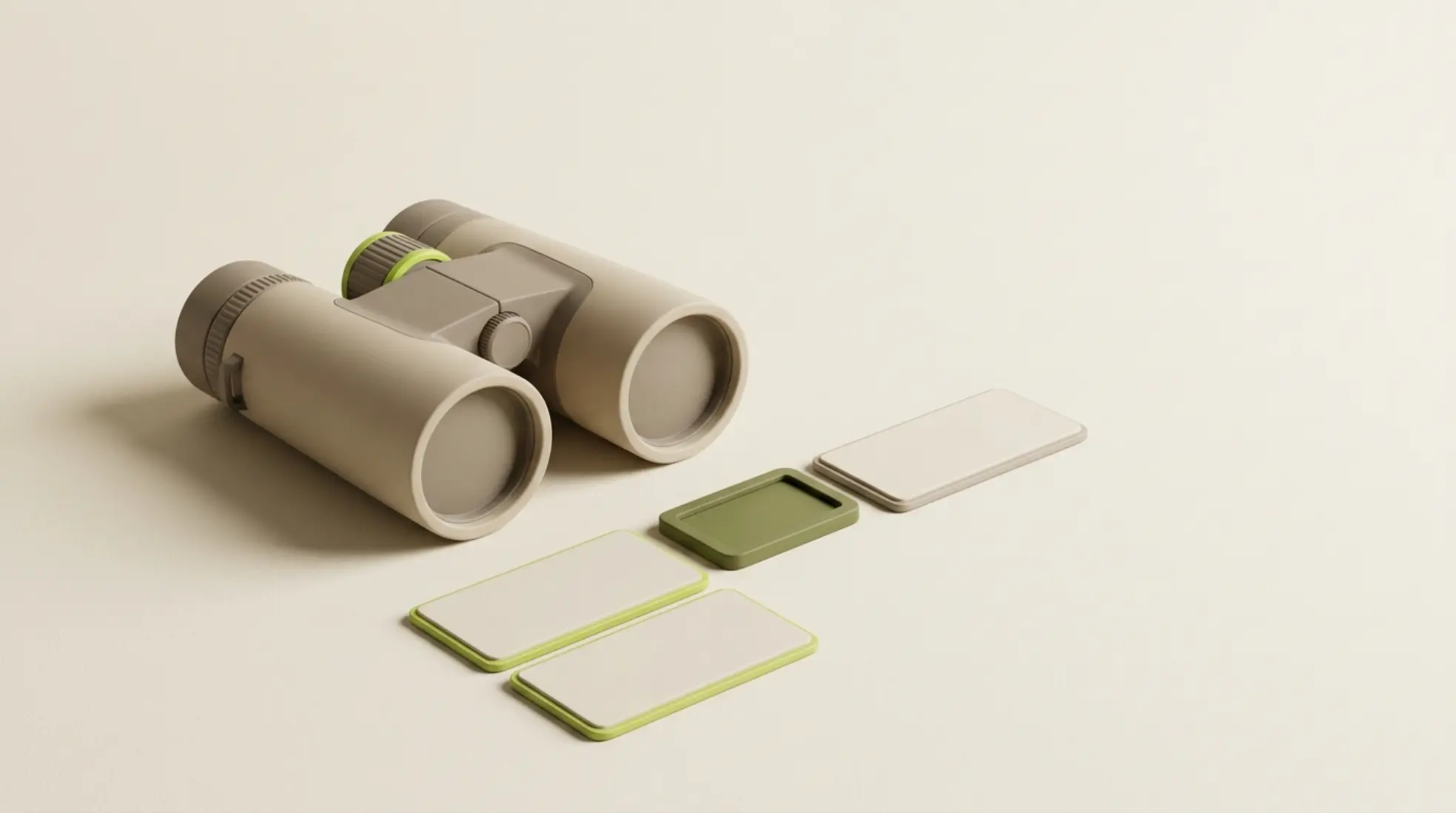 Premium 3D render met verrekijker gericht op blanco kandidatenprofielen, met één uitgesloten profiel achter een matte filterpoort.