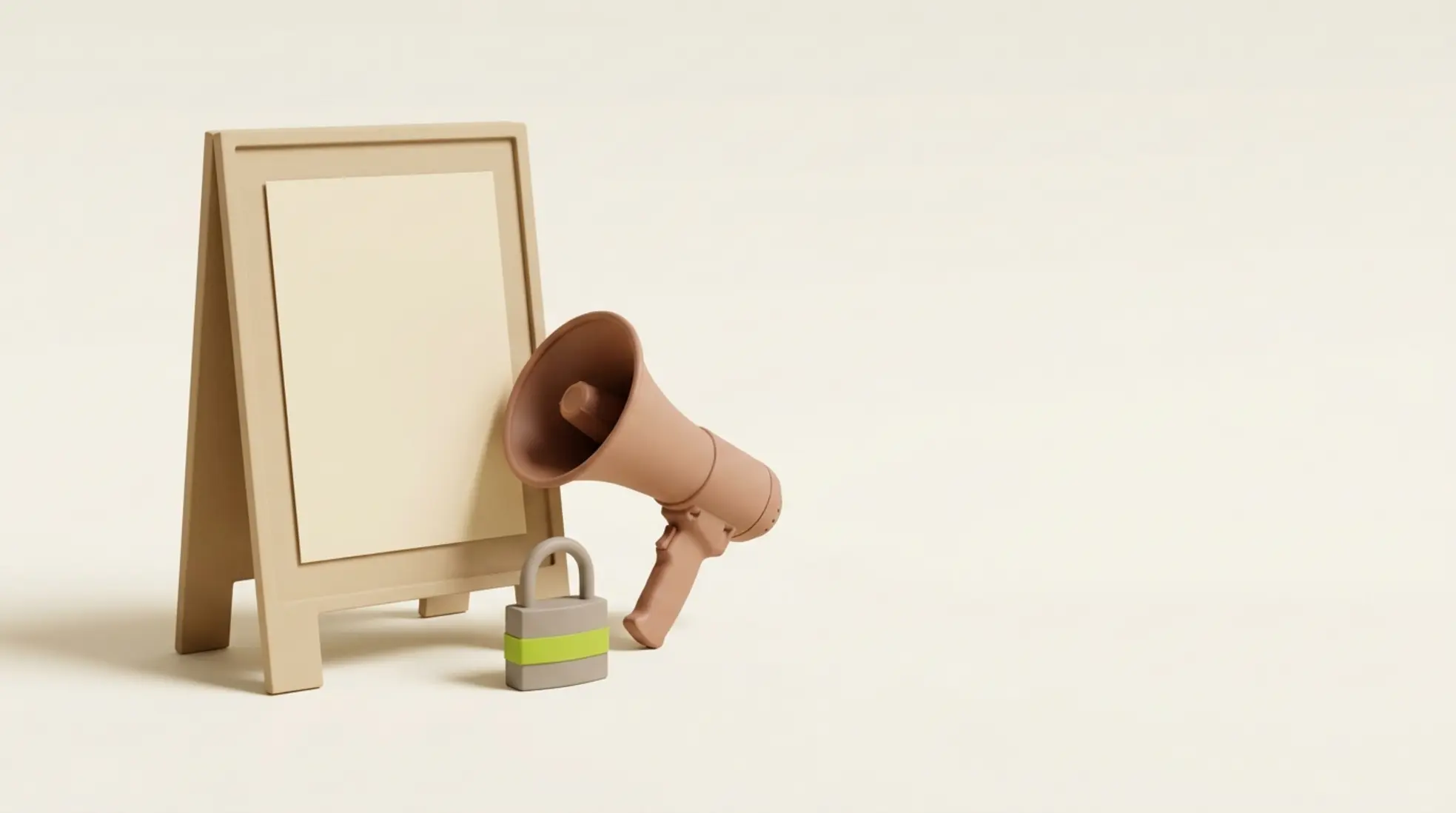3D render van een recruitmentbord met een lege vacaturekaart, een klei megafon en een matte hangslot in een warme, minimalistische setting.