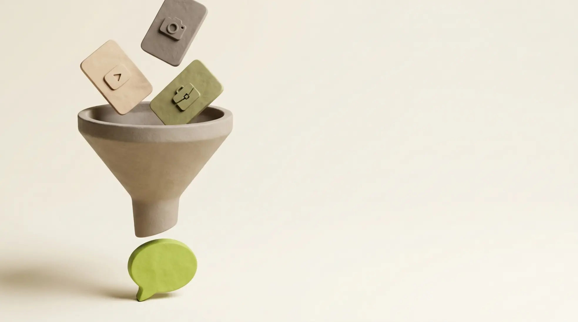 3D-render van een recruitmentfunnel met aardetonen contentkaarten, die de overgang van sociale media naar persoonlijke recruitment tonen.