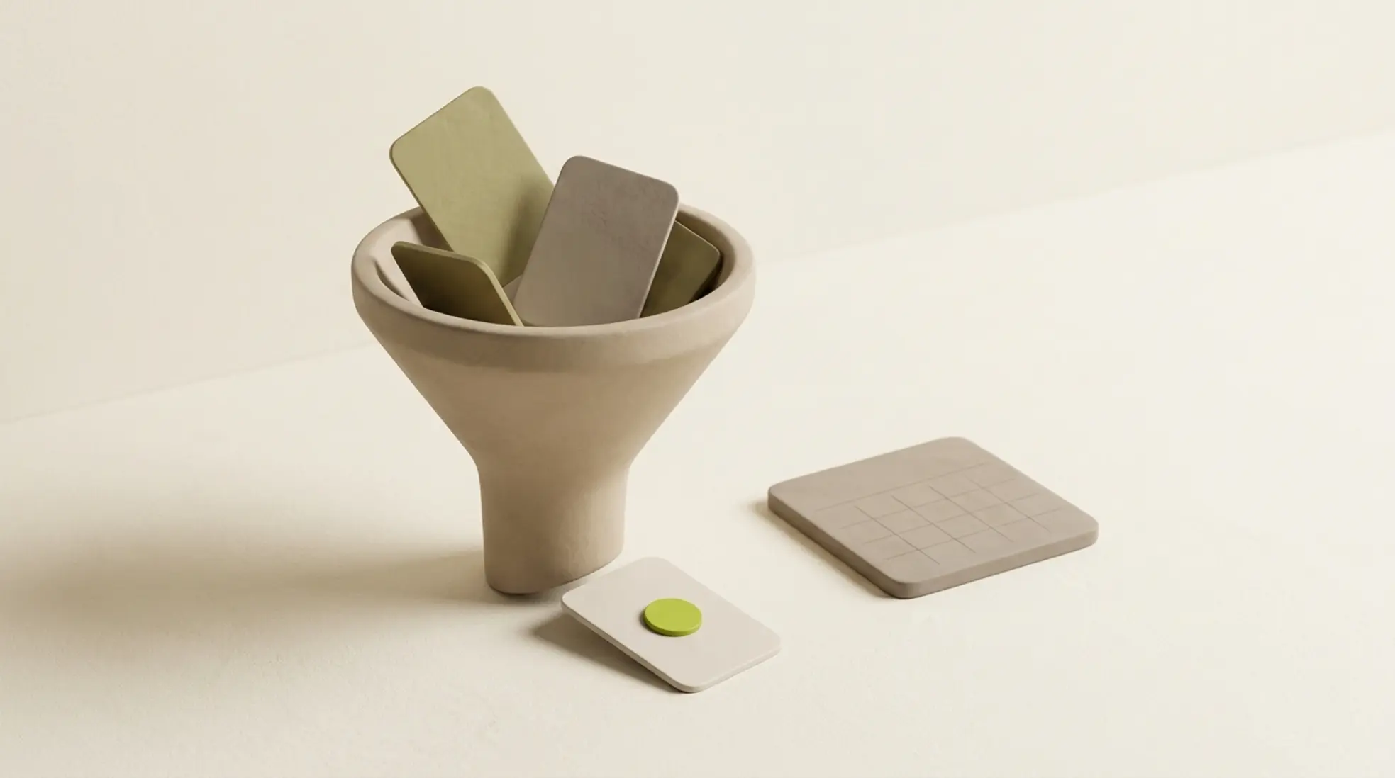 Een matte klei recruteringfunnel met kandidatenprofielkaarten in neutrale kleuren, en een limegroene selectiekaart, op een warme achtergrond.