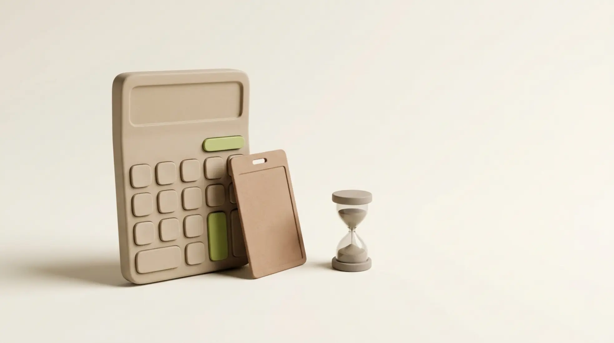 3D-render van een zandkleurige calculator met een groene knop, een naamkaartje en een zandloper op een lichte achtergrond, symboliseert kosten van een slechte aanwerving.